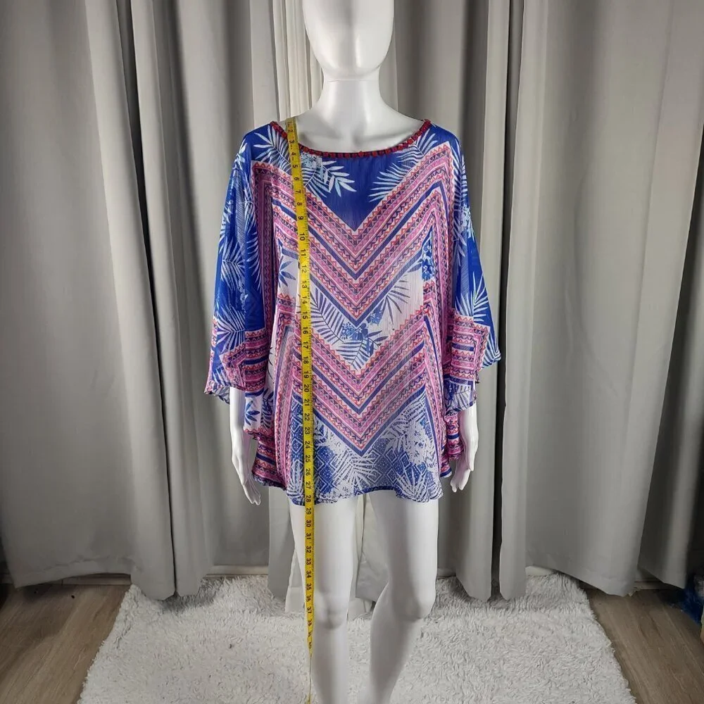 Ruby Rd Women's Blue, Pink, Tropical Chevon Chiffon Poncho Blouse, Top Size 2X - Picture 6 of 10